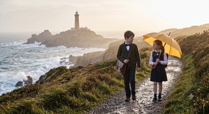Two children in school uniforms walk a wet coastal cliff path, the girl holds a yellow umbrella, ...