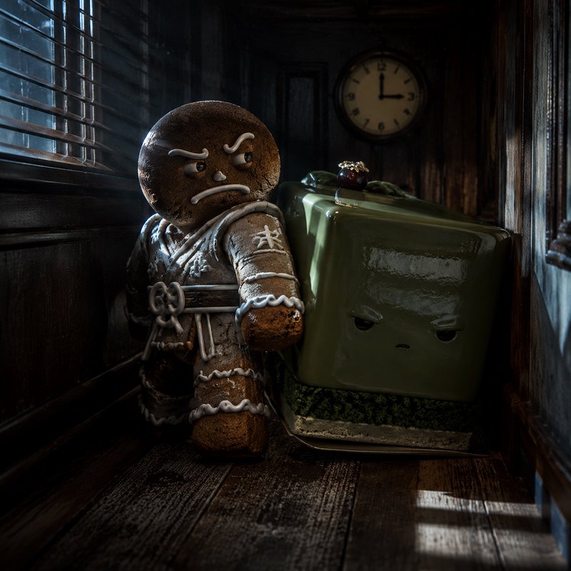 Stern samurai gingerbread man stands next to a grumpy anthropomorphic green suitcase in a dark wo...