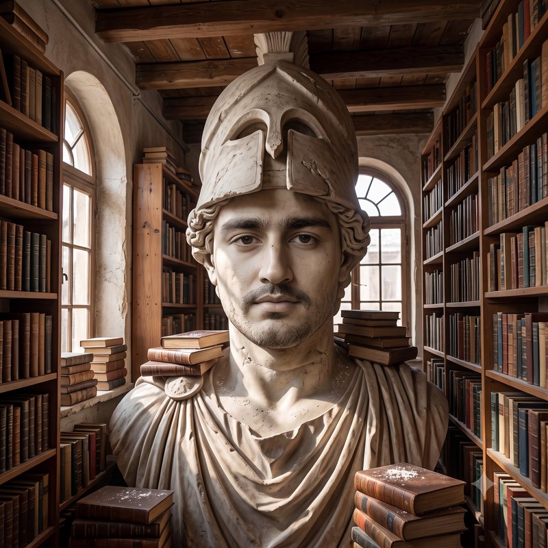Surreal marble bust of helmeted Greco-Roman figure with realistic eyes, surrounded by antique boo...