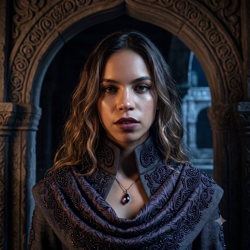 Regal fantasy noble woman in embroidered robes stands before an ornate carved gothic stone archway