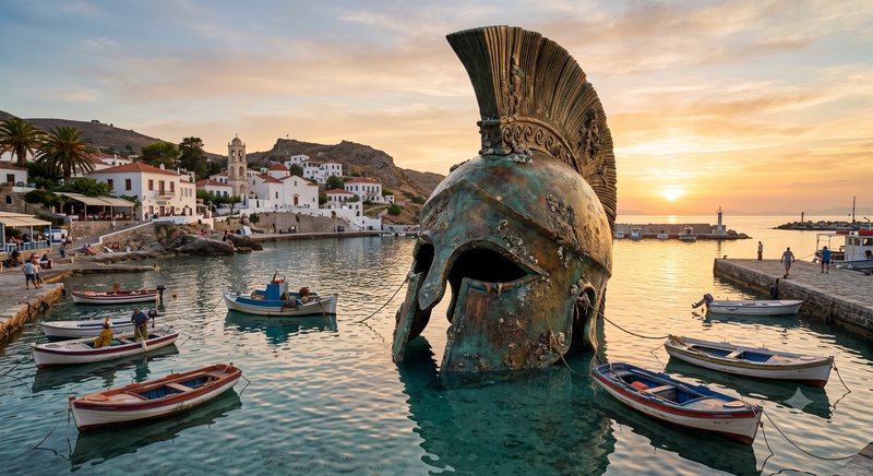 Giant patinated ancient Greek warrior helmet partially submerged in a Cycladic island harbor at g...