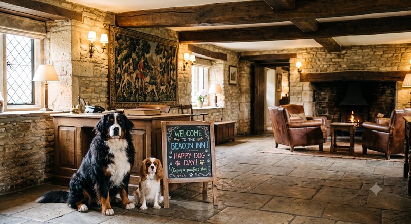 Two dogs sit beside a welcome chalkboard in the cozy stone reception of a pet-friendly countrysid...