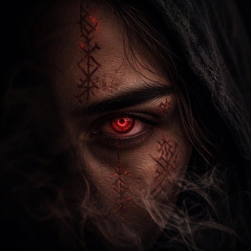 Close-up of hooded dark fantasy figure with glowing red rune face tattoos and a luminous supernat...
