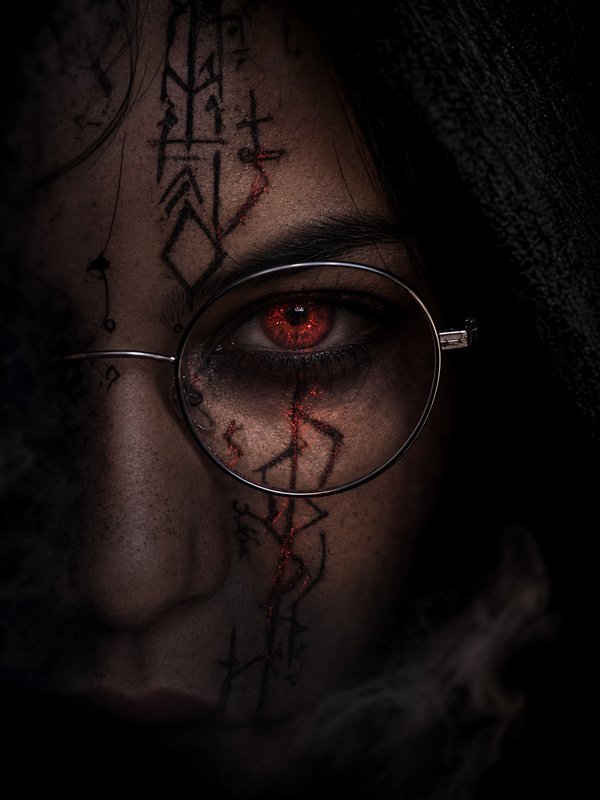 Close up of a supernatural figure with glowing red eye, rune face tattoos, round wire glasses, da...