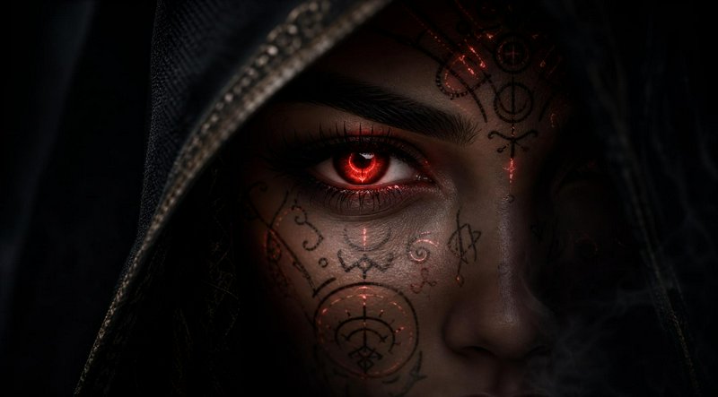 Close-up of hooded occult figure with glowing red eye and luminescent esoteric rune face tattoos ...