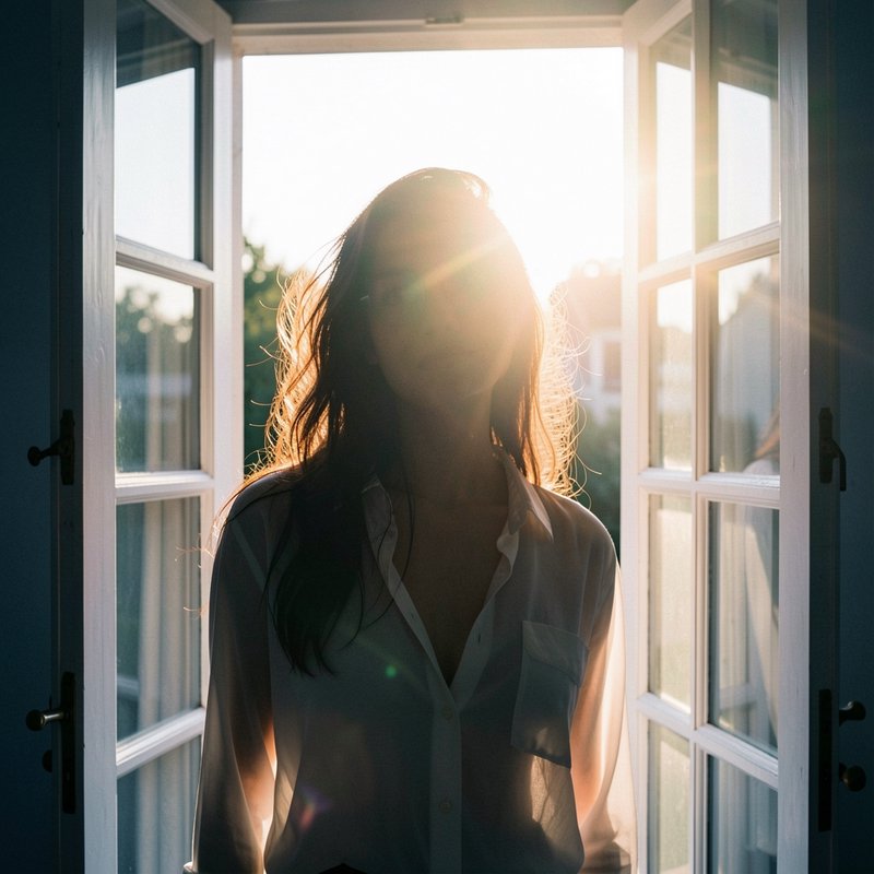 Silhouetted woman in a sheer shirt stands in open french doors, backlit by glowing golden morning...