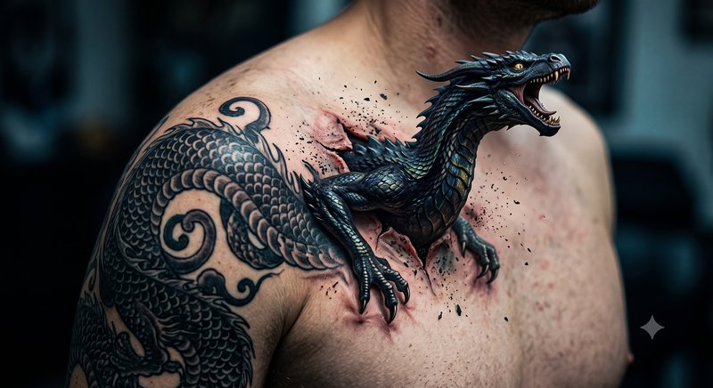 Surreal illusion of a 3D black dragon bursting from a traditional dragon tattoo on a man's chest ...