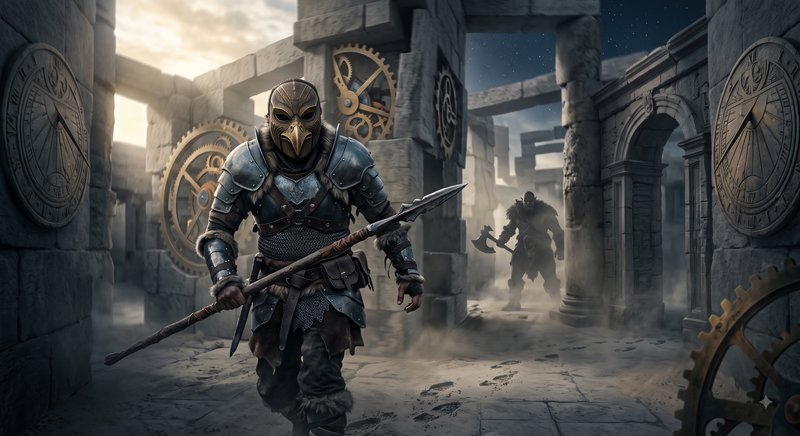Armored bird-masked spear warrior advances through clockwork stone ruins as an axe-wielding orc l...