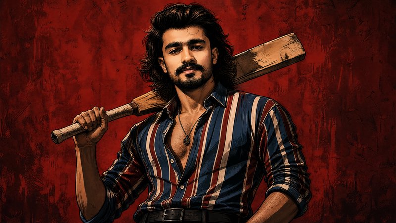 Illustrated portrait of a bearded South Asian man holding a cricket bat over his shoulder against...