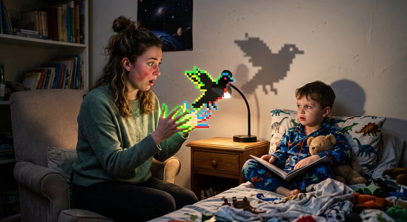 Surprised mother and young boy react to a glowing floating pixel art bird projection between them...