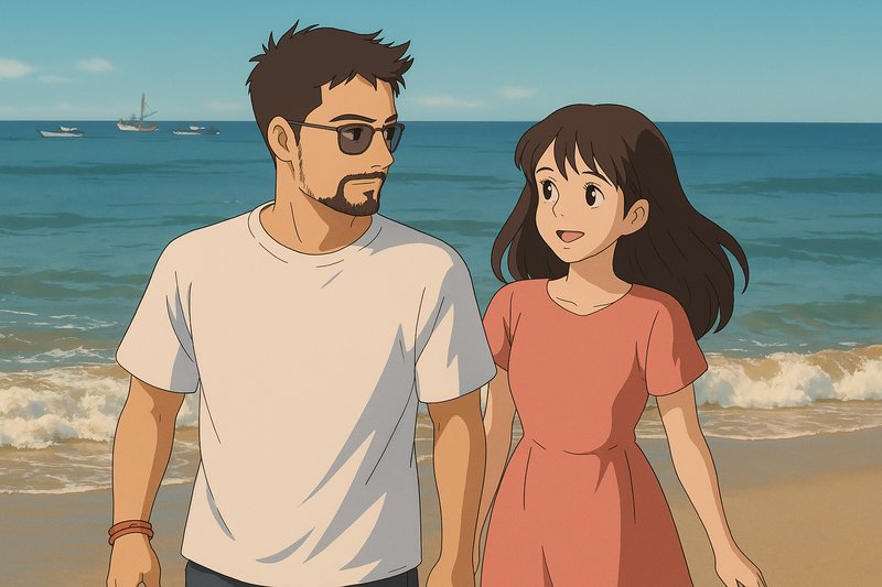 Couple walking side by side on a sunny beach in classic Studio Ghibli anime style