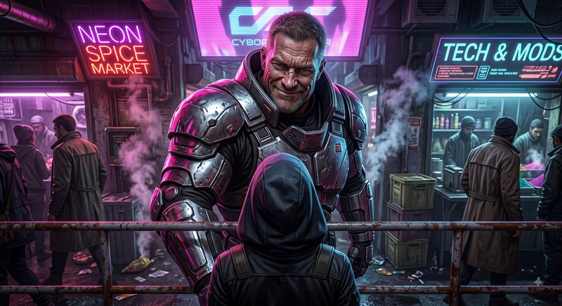 Heavily armored cyberpunk mercenary grinning at a hooded visitor in a neon lit futuristic black m...