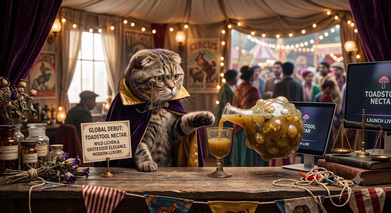 Tabby cat in a wizard cloak pours magical nectar at a vintage circus market stall