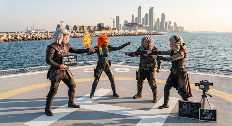 Four costumed cosplayers all pointing accusingly at one another on a seaside helipad with a city ...