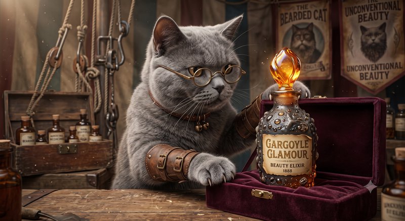 Grey British Shorthair cat in brass glasses displays a vintage Gargoyle Glamour magic elixir at a...