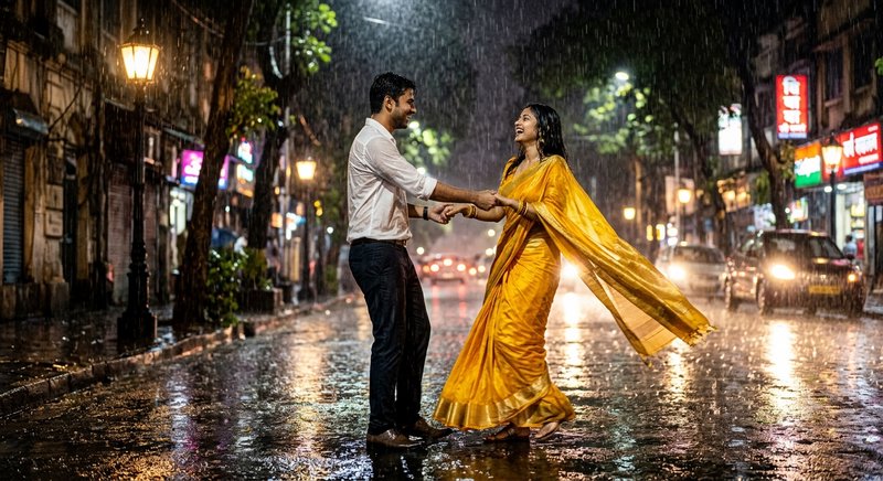 Smiling Indian couple dancing together in heavy monsoon rain on a wet city street at night