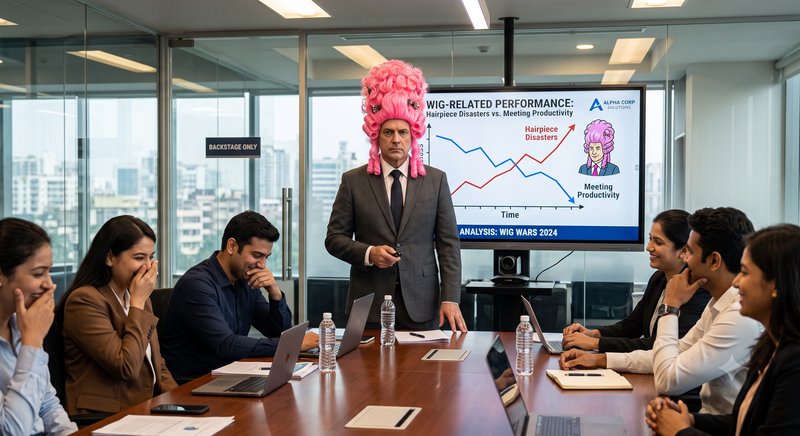 Deadpan executive wearing a large pink curly wig presents to laughing colleagues in a corporate b...