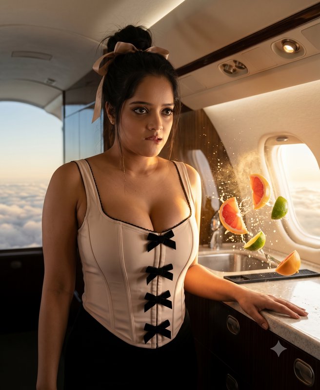Young South Asian woman stands in a private jet cabin as citrus slices float midair beside her
