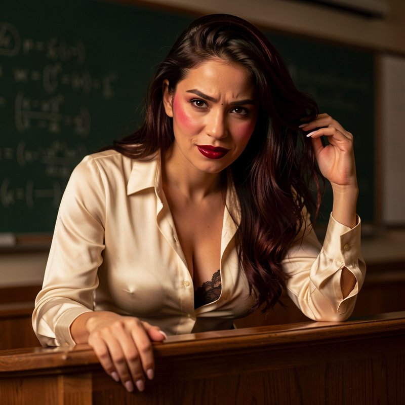 Confused female teacher leaning on a wooden classroom desk in front of a math chalkboard