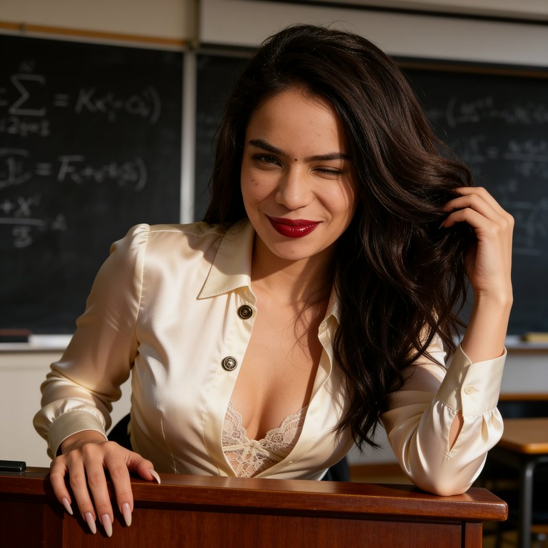 Playful woman winks while leaning on a classroom desk in front of a math chalkboard