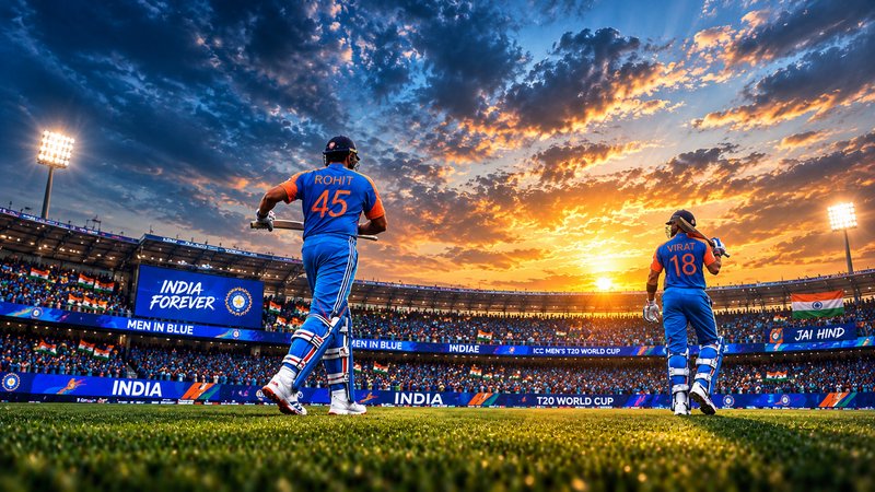 Rohit Sharma and Virat Kohli walk onto a packed cricket stadium pitch at golden sunset for team I...