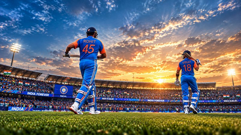 Rohit Sharma and Virat Kohli walk out to bat for Team India on a cricket stadium pitch at sunset