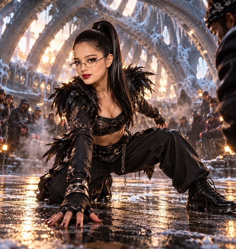Woman in an elaborate black feathered costume crouches on an icy wet arena floor as crowds watch