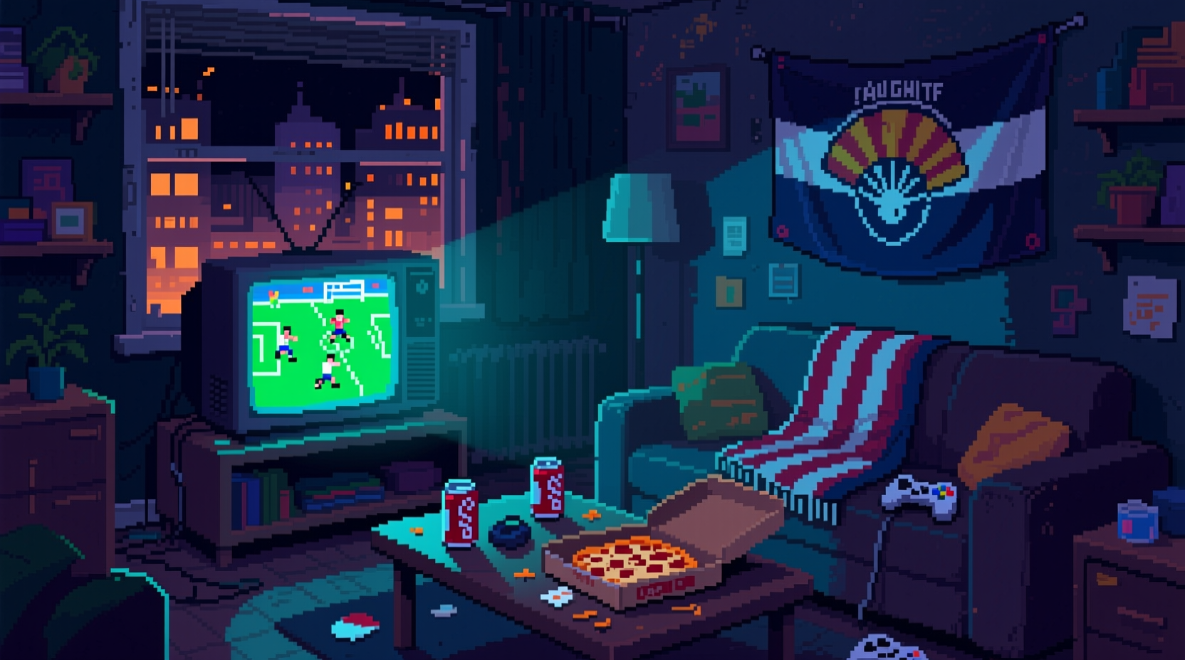 Retro pixel art night city apartment game night scene with CRT TV playing soccer, pizza, and a cozy living room setup.