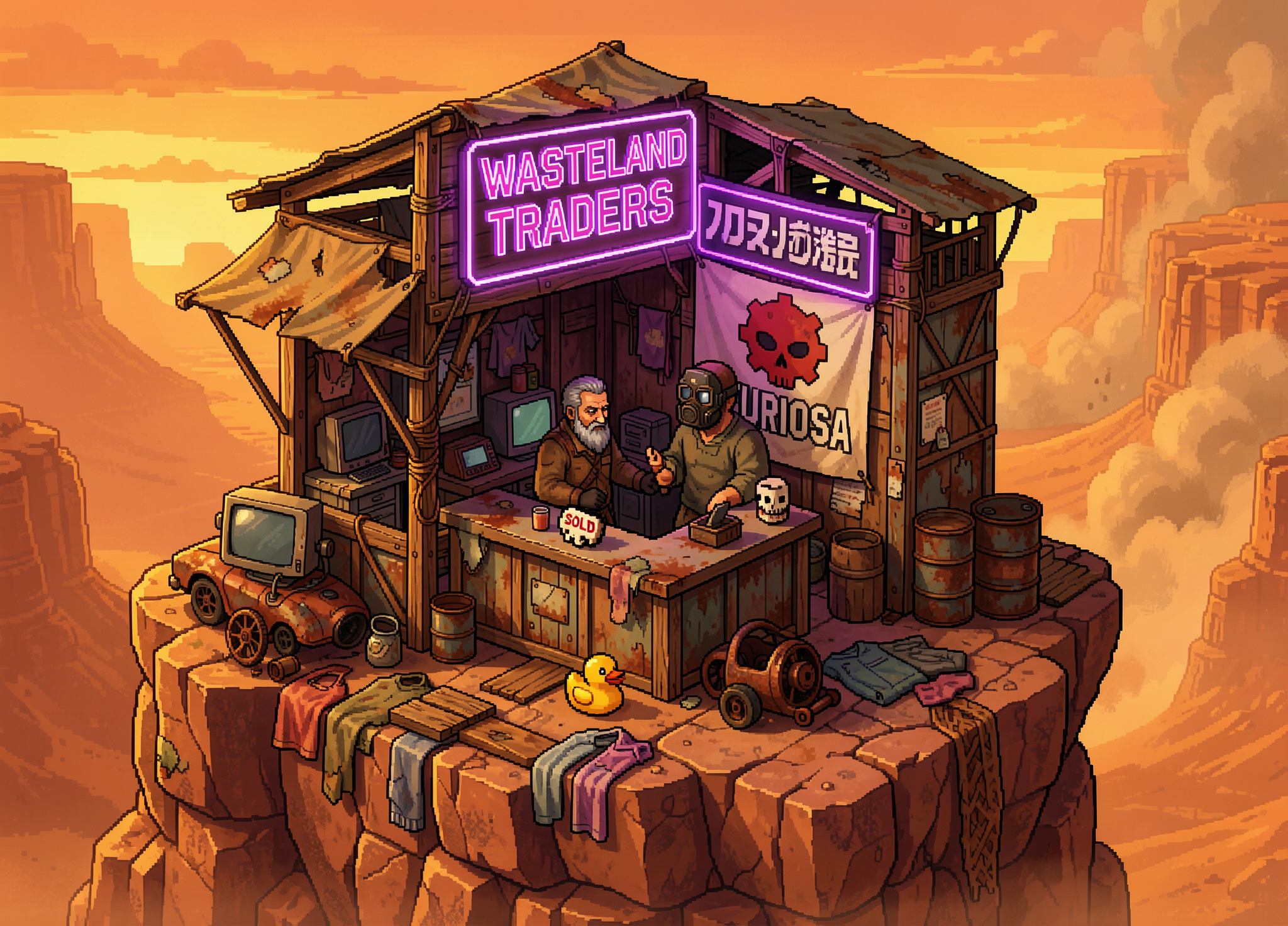 [Isometric pixel art of a post-apocalyptic Wasteland Traders cliffside stall, two characters bartering above a golden dese...