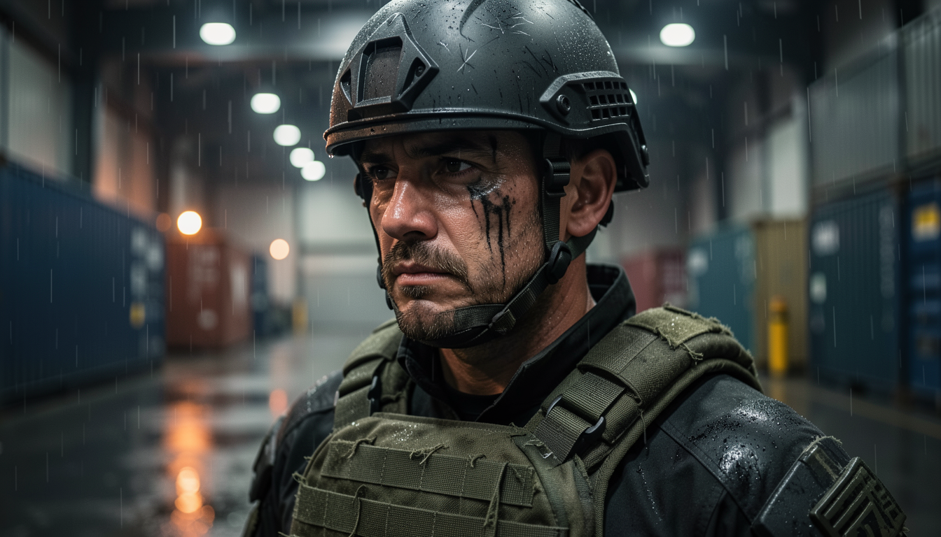 Close-up of serious tactical soldier in combat gear, streaking face paint, standing in rain inside an industrial shipping ...