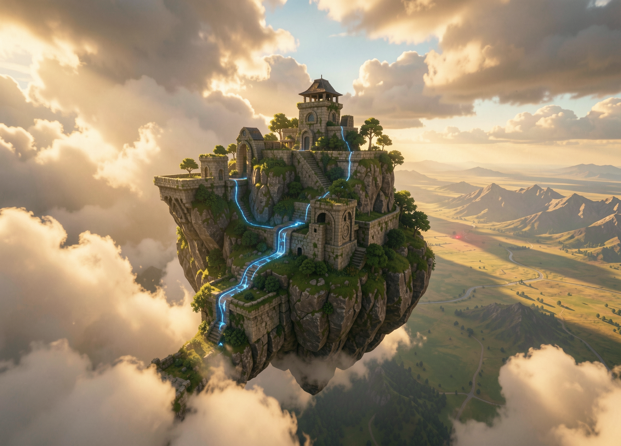 Floating ancient stone castle on a rocky sky island above clouds, glowing blue paths, warm golden sunset over distant vall...
