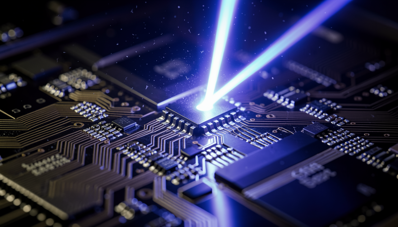 Macro close-up of a circuit board, with bright blue laser beams converging on a central semiconductor microchip