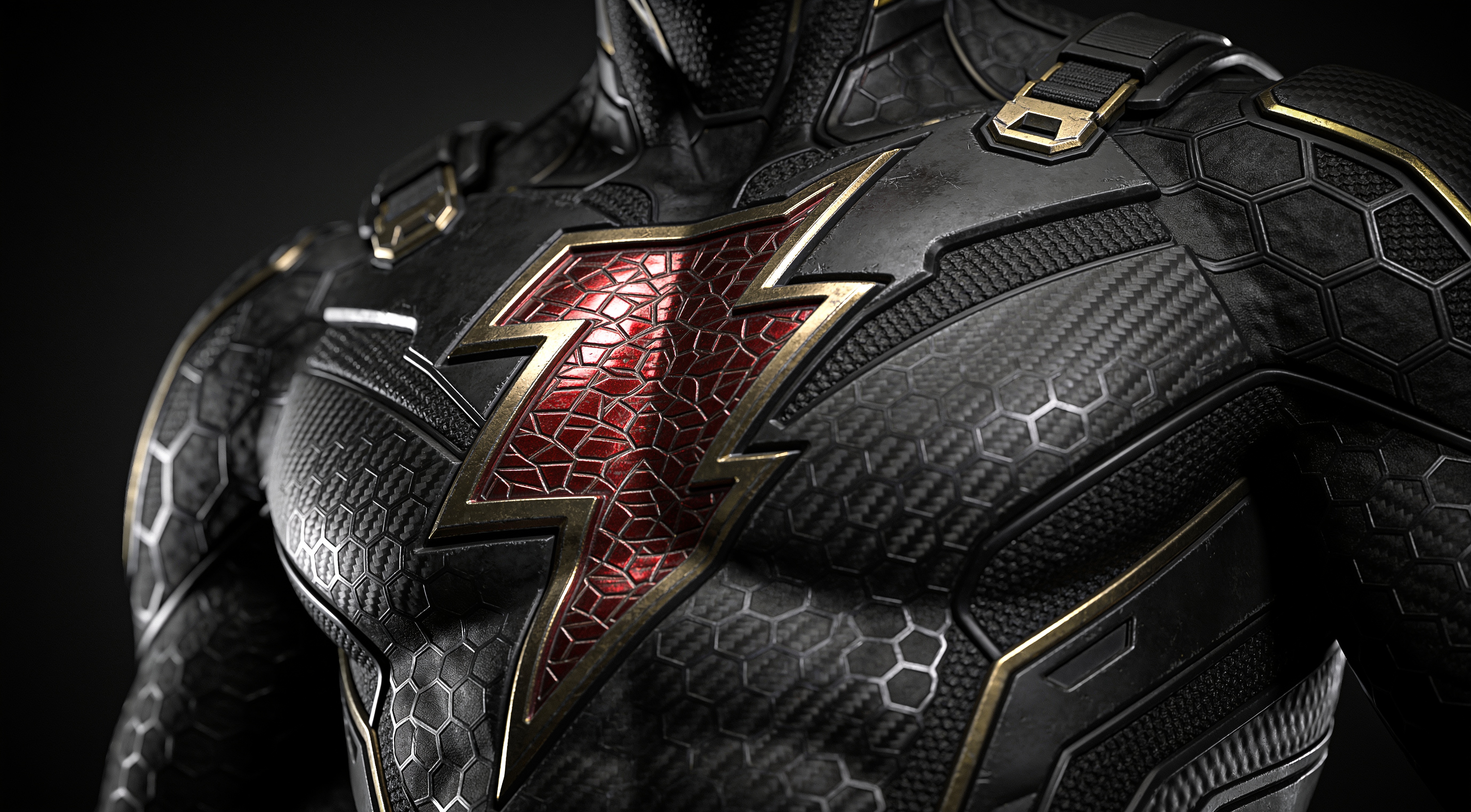 Close-up of a tactical black superhero suit with a red and gold lightning bolt chest emblem, against a dark studio backgro...