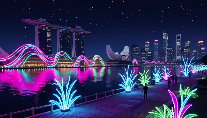 [Vibrant neon light installations line the Marina Bay waterfront promenade at night, with Singapore's iconic skyline in th...