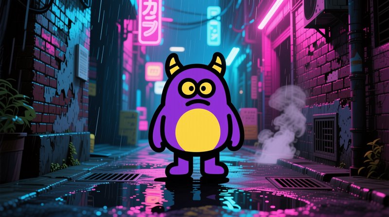 Glum purple horned cartoon monster stands alone in a rainy neon-lit cyberpunk city alley at night