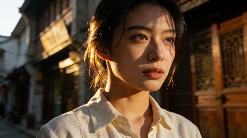 Close-up portrait of a young East Asian woman lit by warm golden hour light on a historic traditional Chinese street
