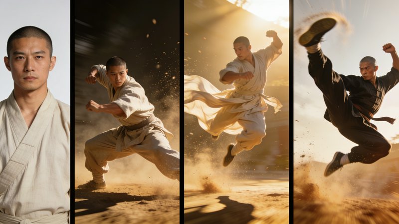 4-panel sequential collage showing a Shaolin monk progressing from portrait to dynamic airborne kung fu fighting stances.