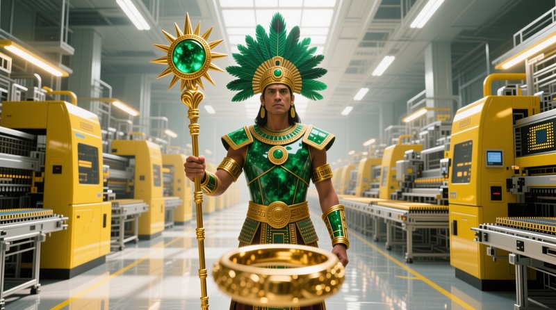 Aztec emperor in gold and green regalia holds a sun staff standing in a futuristic high-tech fact...