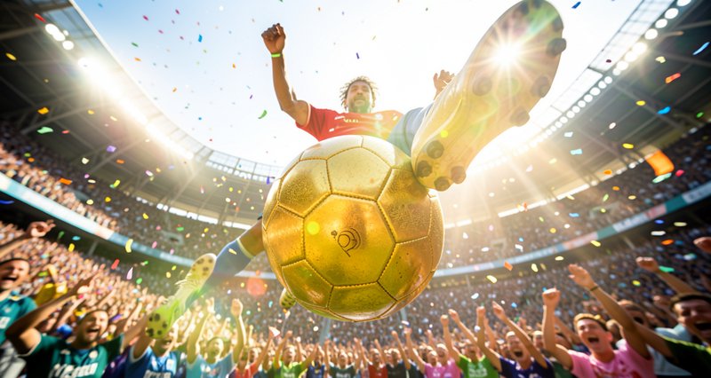 Low-angle shot of a celebrating soccer player mid-air beside a giant golden soccer ball, as confe...
