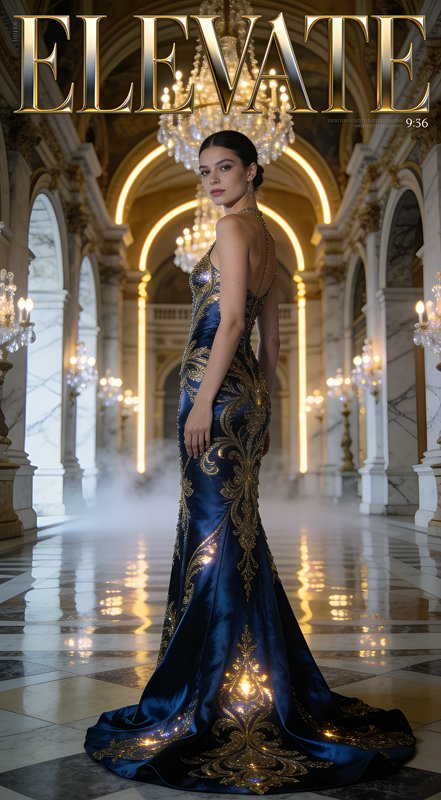 ELEVATE magazine cover featuring a model in an ornate navy gold embroidered mermaid gown in a gra...