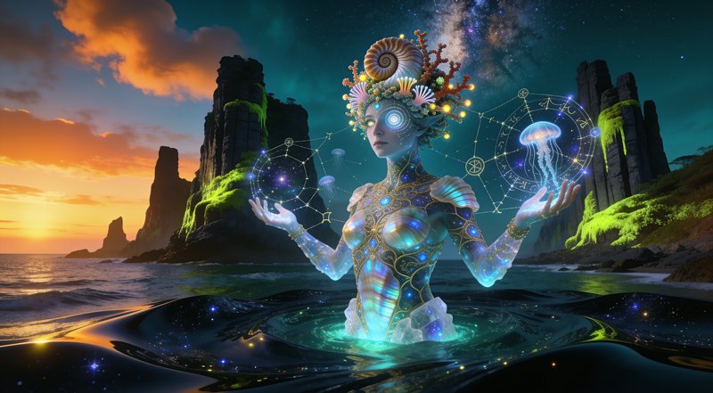 Luminous celestial sea goddess with coral nautilus headdress rises from coastal waters holding gl...
