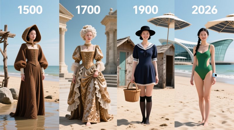 4-panel timeline showing women's beach fashion evolution across 1500, 1700, 1900, and 2026 on a s...