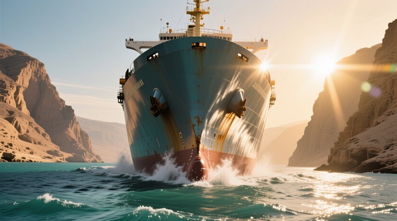 Massive cargo ship bow cuts through turquoise water navigating a narrow rocky desert canal at gol...