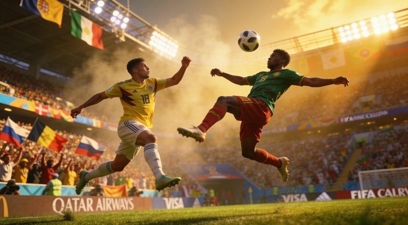 Two opposing soccer players leap airborne to contest a mid-air football during a golden hour Worl...