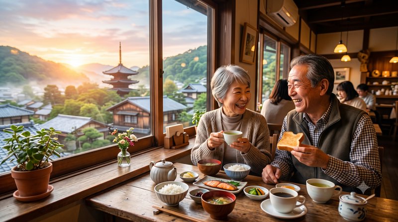 [Happy senior Japanese couple shares breakfast at a Kyoto restaurant with pagoda and mountain view during golden sunrise]