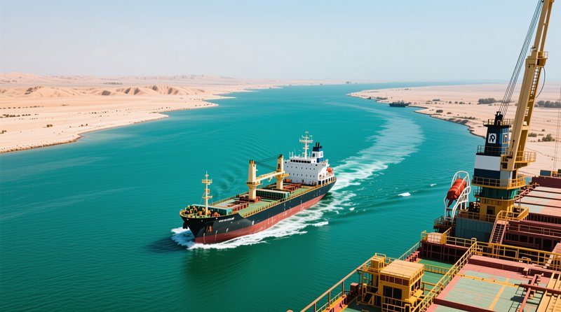 Aerial view of cargo ships navigating a bright turquoise man-made canal flanked by sandy desert d...