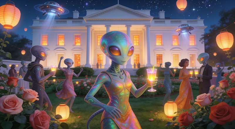 Iridescent alien toasts at a festive White House night garden party with UFOs, lanterns, and othe...