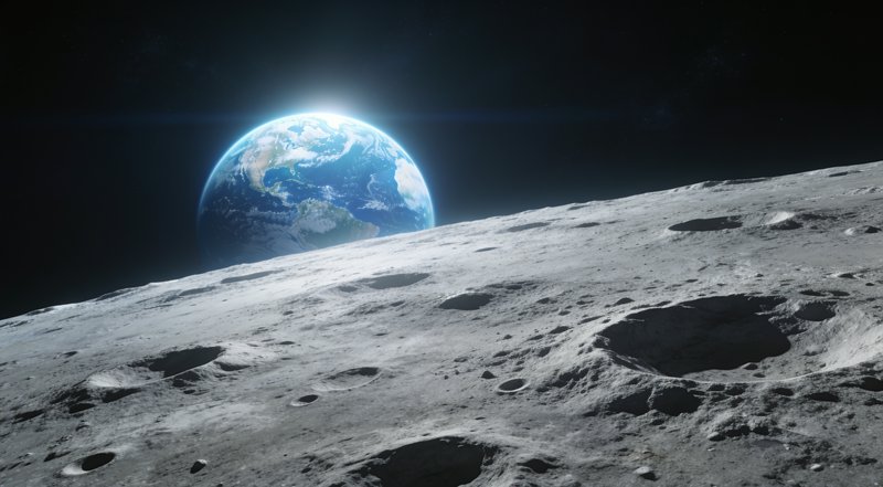 View of blue Earth rising over the cratered gray lunar surface, seen from the Moon in dark outer ...