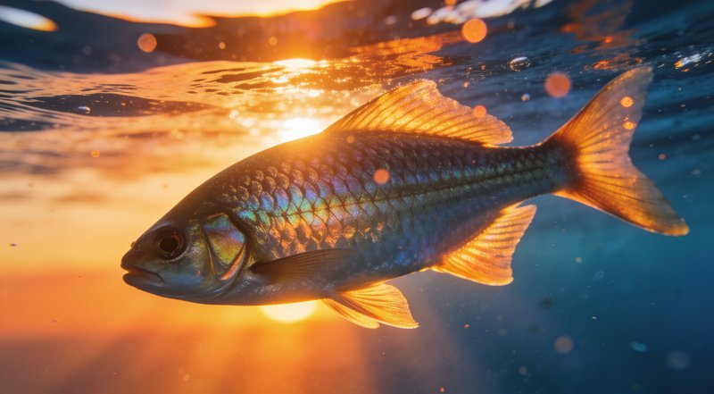 Iridescent scaled fish swims underwater, backlit by warm golden sunset light filtering through ri...