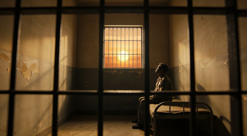 View through foreground jail bars of a pensive man sitting on a prison bed watching golden sunset...